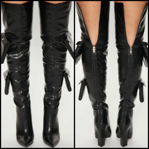 Women Black Faux Leather Pocket Fashion Over The Knee Boots