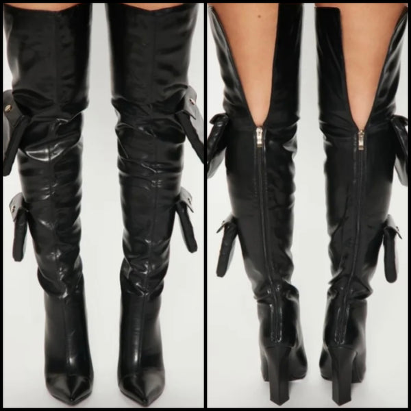 Women Black Faux Leather Pocket Fashion Over The Knee Boots