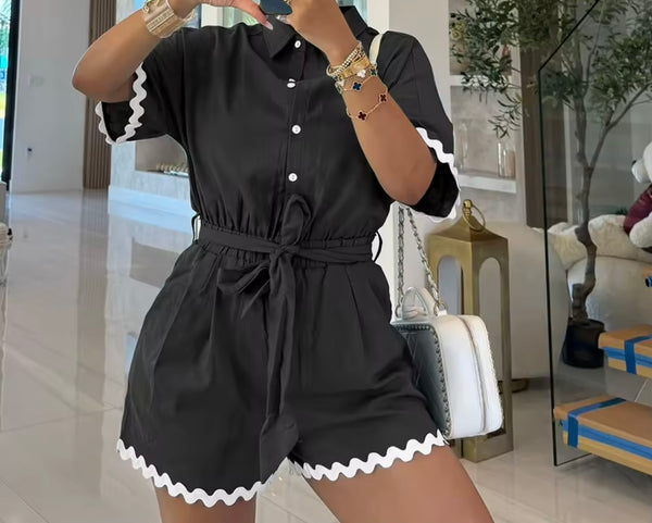 Women Button Up Short Sleeve Color Patchwork Belted Romper