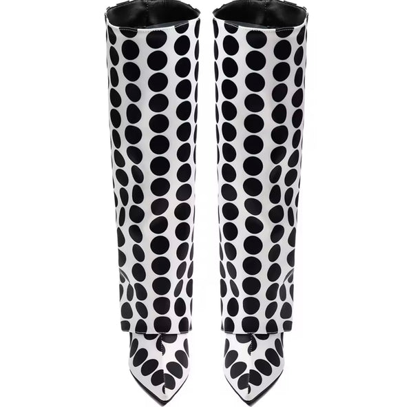 Women Fashion White Polka Dot Pointed Toe Knee High Boots