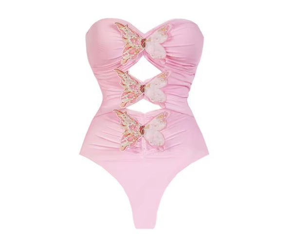 Women Sexy Butterfly Cut Out Pink Full/Sleeveless Swimsuit Cover Up Set