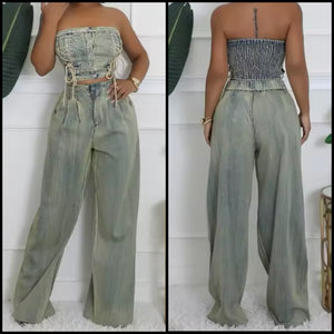 Women Fashion Strapless Denim Two Piece Loose Pant Set