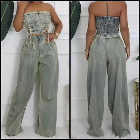 Women Fashion Strapless Denim Two Piece Loose Pant Set