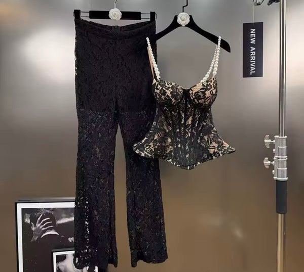 Women Sleeveless Lace Fashion Two Piece Pant Set