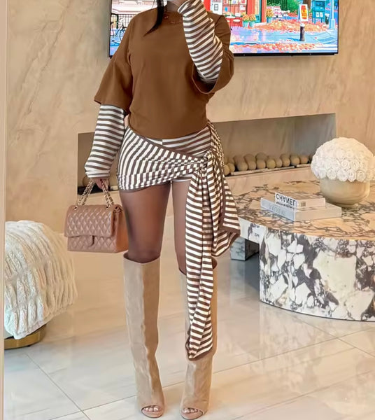 Women Color Striped Full Sleeve Fashion Two Piece Wrap Skirt Set