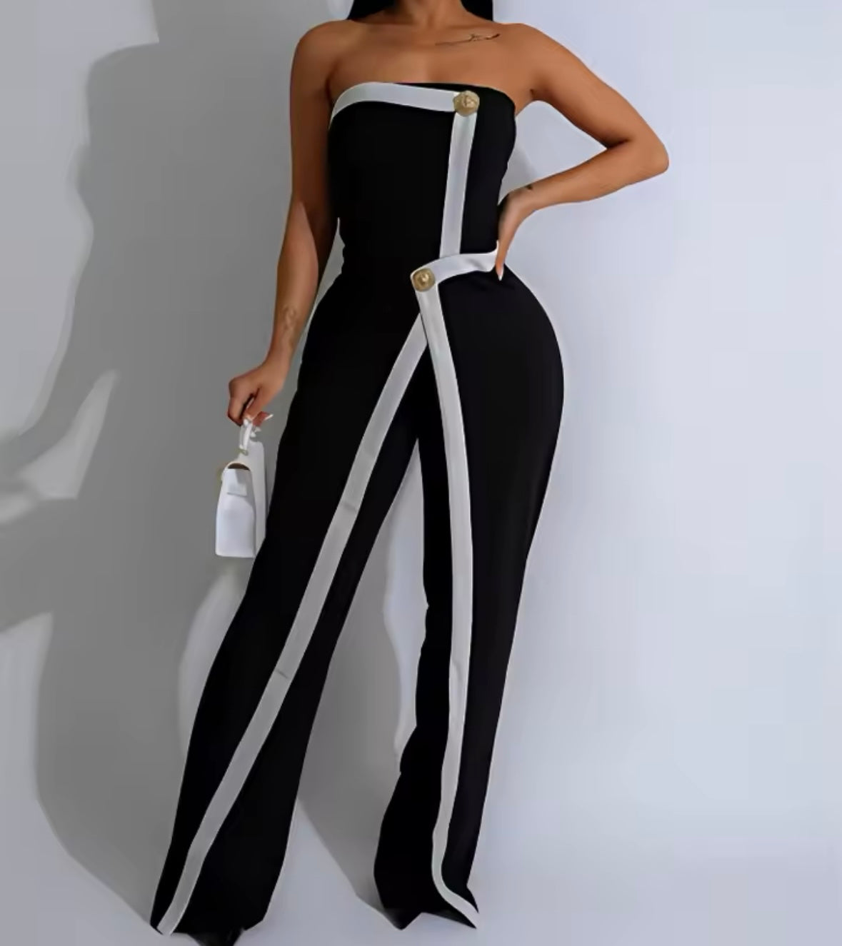 Women Sexy Strapless B&W Striped Button Jumpsuit