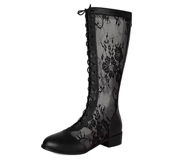 Women Fashion Lace Patchwork Tie Up Flat Boots
