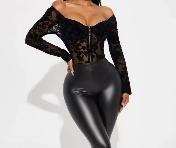 Women Sexy Black Off The Shoulder Floral Bodysuit Lingerie