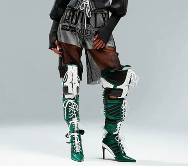 Women Fashion Color Patchwork Lace Up Over The Knee Boots