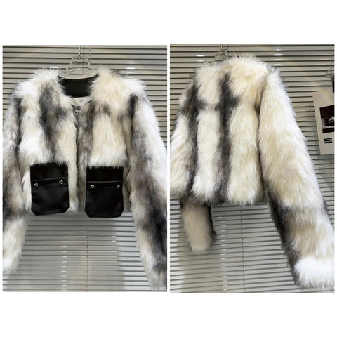 Women Fashion Faux Fur Mixed Color Jacket