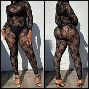 Women Black Lace Sexy Full Sleeve Jumpsuit