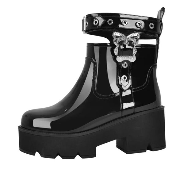 Women Black Patent Leather Butterfly Buckle Ankle Boots