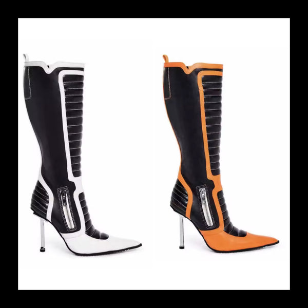 Women Color Patchwork Pointed Toe Knee High Boots