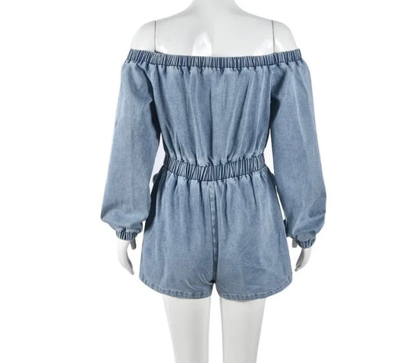 Women Sexy Off The Shoulder Full Sleeve Tie Up Denim Romper