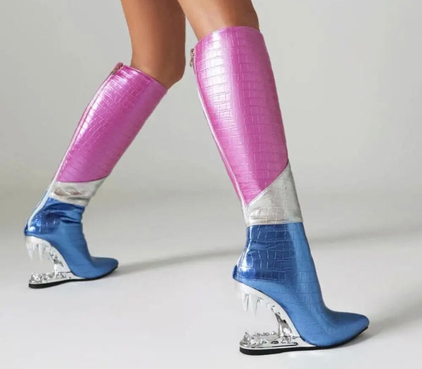 Women Fashion PU Multicolored Platform Wedge Knee High Boots