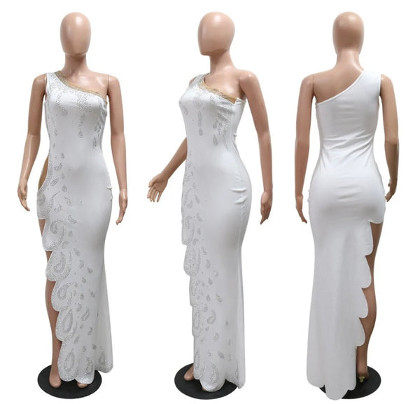 Women Sexy One Shoulder Sleeveless Bling Maxi Dress