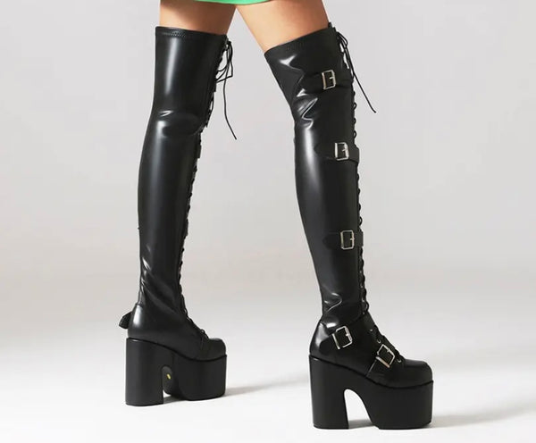 Women Fashion Over The Knee Lace Up Buckled Platform Boots