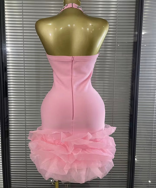 Women Sexy Halter Sleeveless Rhinestone Ruffle Dress