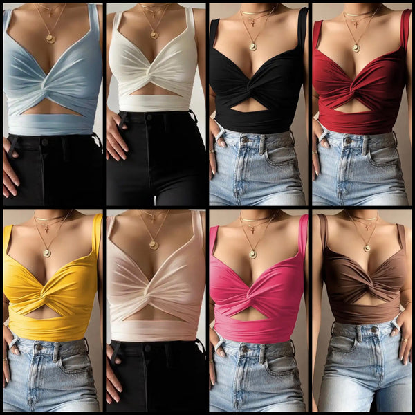 Women Solid Color Sleeveless Fashion Tie Up Crop Top