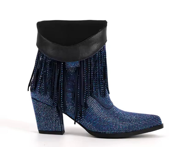 Women Fashion Blue Bling Fringe Tassel Western Boots