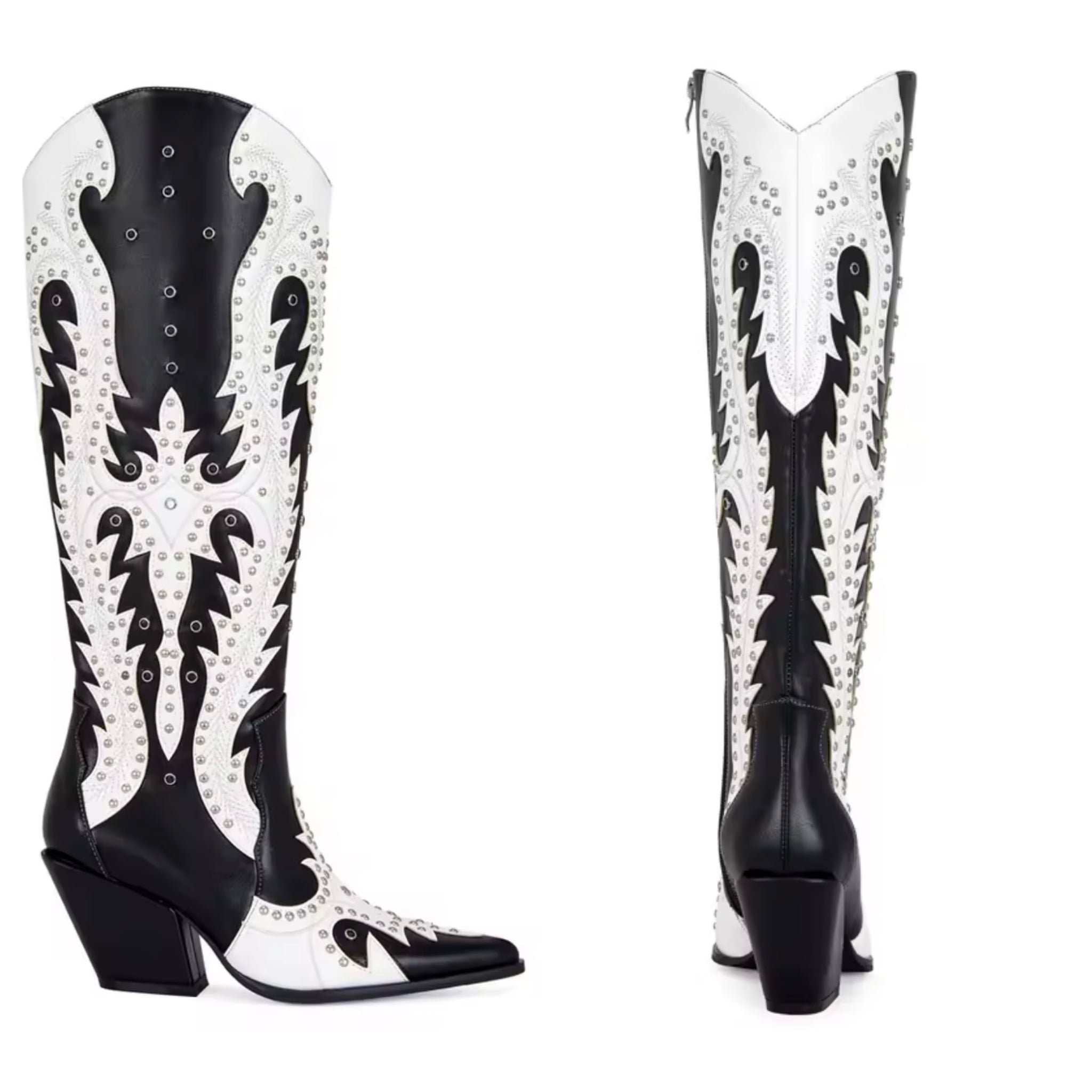 Women Fashion B&W Rivet Knee High Western Boots
