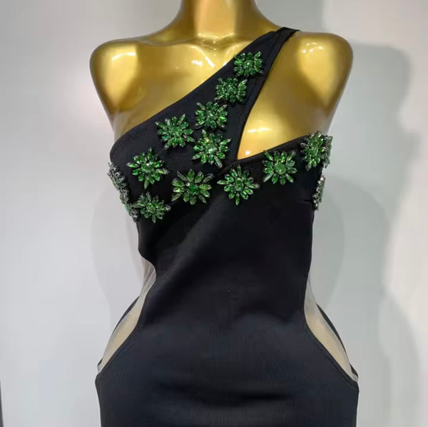 Women Sexy Black One Shoulder Green Floral Crystal Maxi Dress