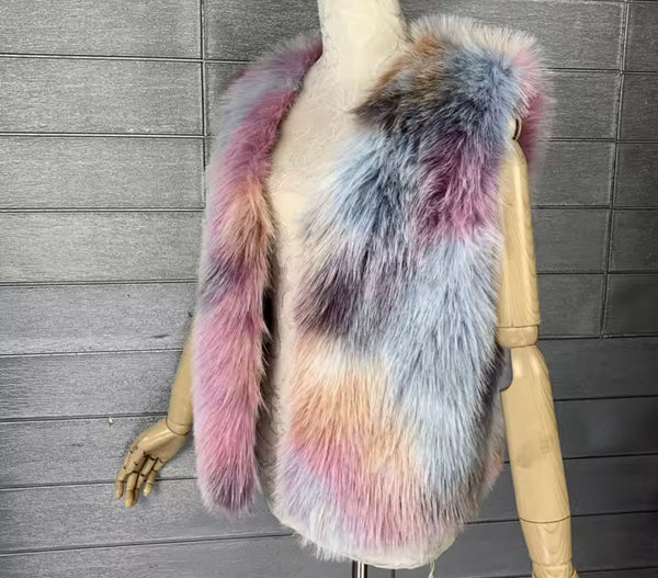 Women Multicolored Faux Fur Fashion Vest Jacket