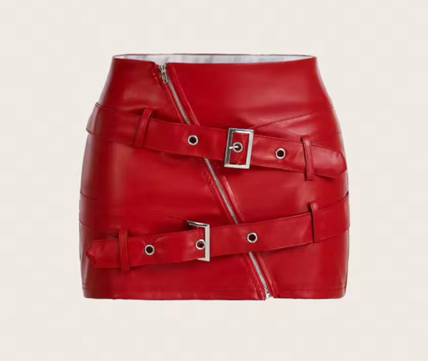 Women Color Fashion PU Leather Buckled Skirt
