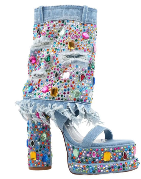 Women Fashion Open Toe Color Crystal Platform Denim Ankle Boots