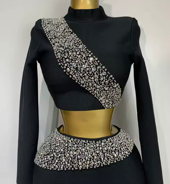 Women Beaded Bling Full Sleeve Sexy Two Piece Maxi Skirt Set