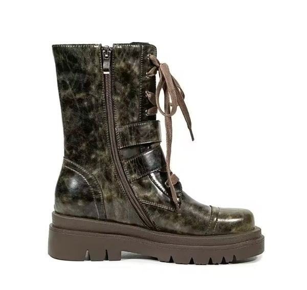 Women Color Buckled Lace Up Fashion Flat Boots