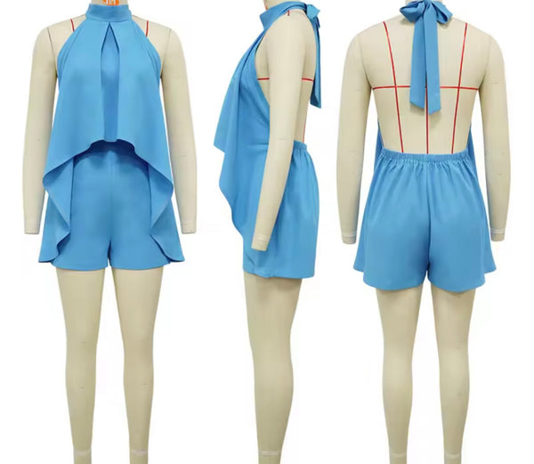 Women Halter Sleeveless Open Back Color Ruffled Romper