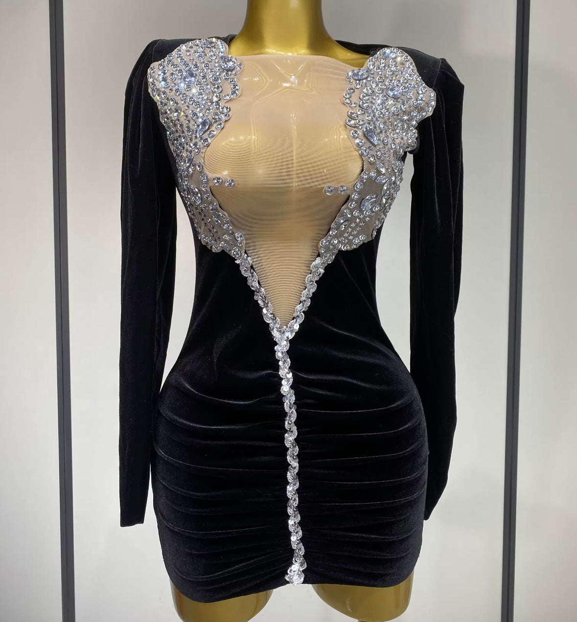 Women Sexy Velour Rhinestone Mesh Full Sleeve Ruched Dress