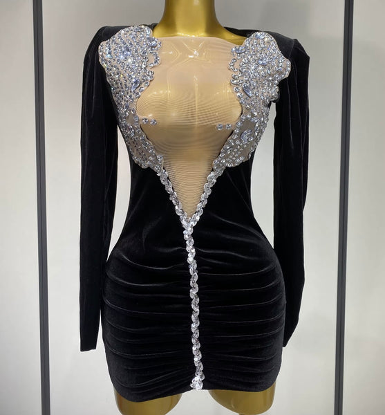 Women Sexy Velour Rhinestone Mesh Full Sleeve Ruched Dress