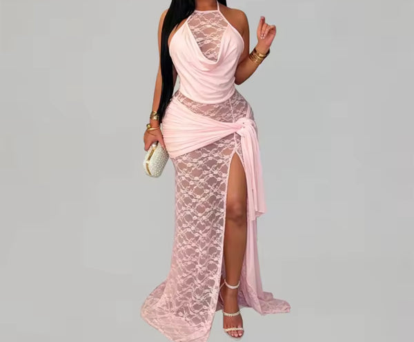 Women Sexy Halter Sleeveless Lace Side Split Maxi Dress