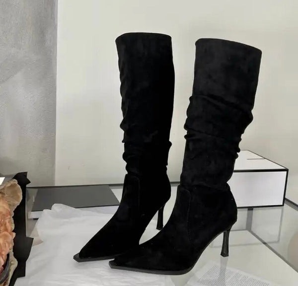 Women Suede High Heel Ruched Fashion Western Boots