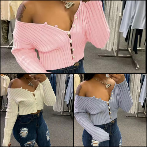 Women Pearl Button Up Ribbed Full Sleeve Fashion Crop Top