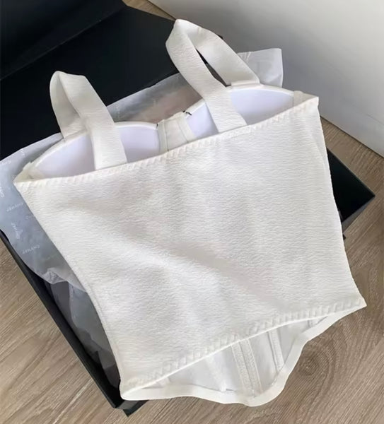 Women White Fashion Sleeveless Pearl Tie Tank Top