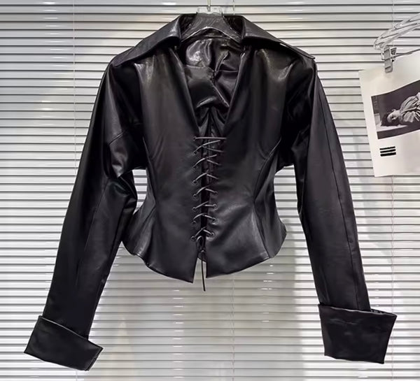 Women Fashion Black Lace Up Full Sleeve Faux Leather Top