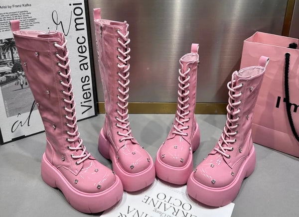 Women Fashion Platform Rhinestone Lace Up Ankle/Mid-Calf Boots