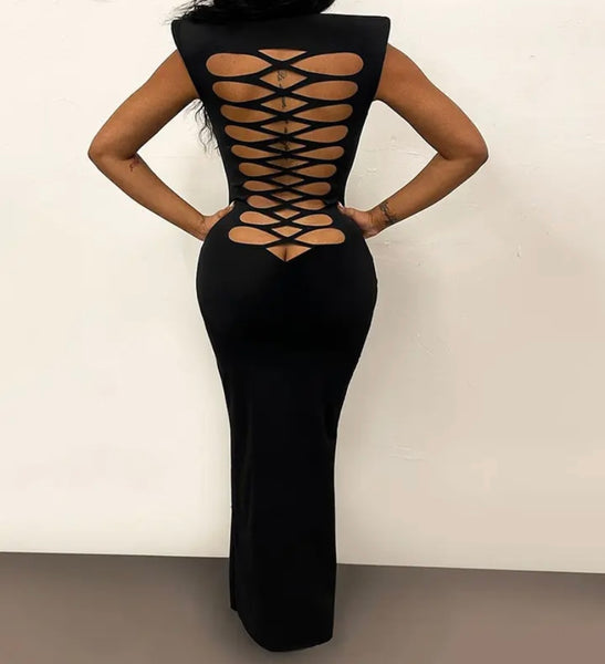 Women Black Sleeveless Sexy Open Lace Up Back Maxi Dress