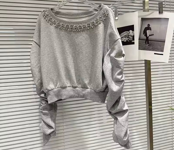 Women Fashion Rhinestone Sweater Two Piece Skirt Set