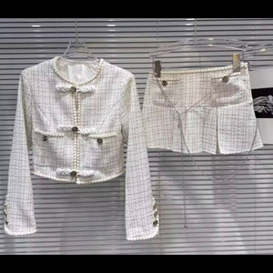 Women White Plaid Full Sleeve Blazer Two Piece Pleated Skirt Set