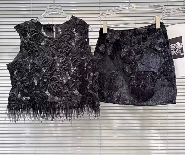 Women Floral Sleeveless Fringe Two Piece Velour Skirt Set