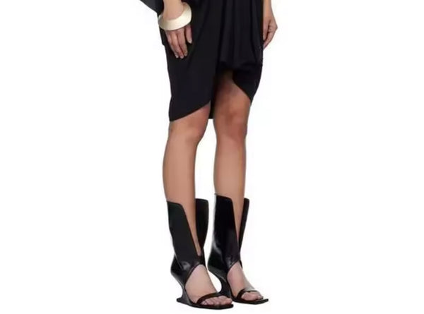 Women Faux Leather Fashion Open Toe Wedge Mid-Calf Boots