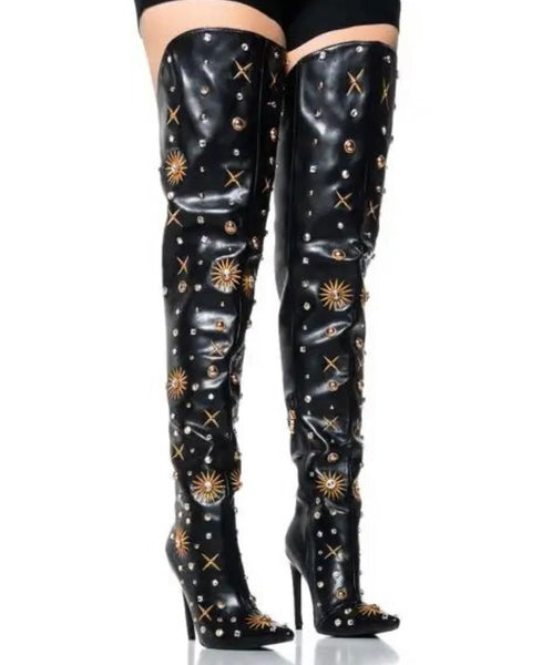 Women Pointed Toe Fashion Faux Leather Rivet Thigh High Boots