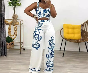 Women Fashion Sleeveless White Color Print Two Piece Pant Set