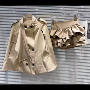 Women Khaki Fashion Trench Jacket Two Piece Ruffled Skirt Set
