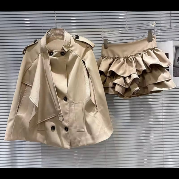 Women Khaki Fashion Trench Jacket Two Piece Ruffled Skirt Set