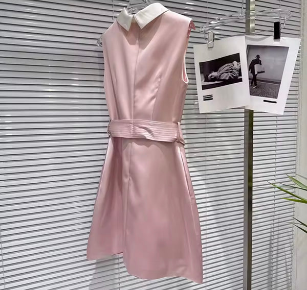Women Collar Sleeveless Belted Fashion Dress